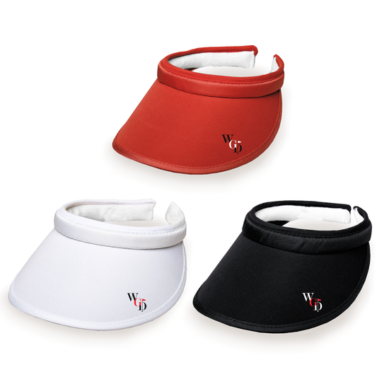 Three visors in red, white, and black with a visible brand logo on a white background.